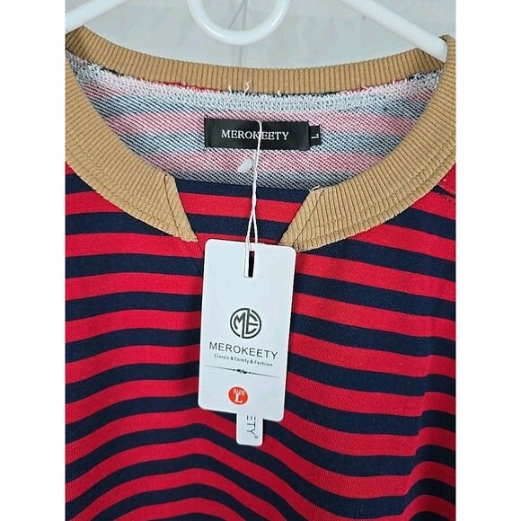 Merokeety Women Pullover Sweatshirt Large Red And Blue Stripe Relaxed Fit V-Neck - Picture 4 of 8
